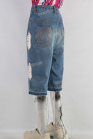 Blue patchwork rhinestome boot cut shorts