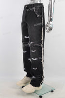 Black boot cut digital print straight jeans