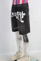 Black digital print rhinestone patchwork shorts