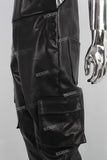 Black leather embroidered strap panrts