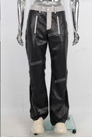 Black leather stitching zipper bell bottom jeans