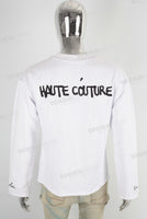 White screen print raw hem long sleeve shirt