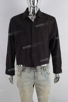 Raw hem cut edge pocket black denim shirt men
