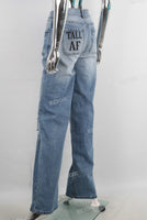 Blue digital print straight damaged jeans