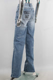 Blue digital print straight damaged jeans
