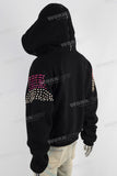 Black embroidered patchwork rhinestone hooded jacket