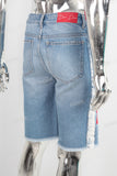 Blue digital print damaged boot cut jeans