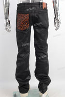 Black waxed zip up patchwork jeans