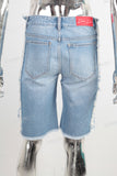 Blue digital print damaged boot cut jeans