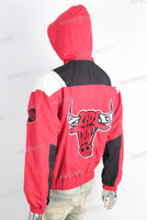 Red embroidered patchwork zip up hoodie