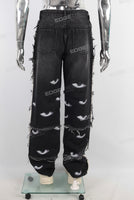 Black boot cut digital print straight jeans