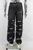 Black boot cut digital print straight jeans