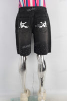 Black digital print rhinestone patchwork shorts