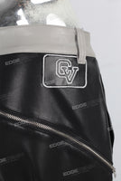 Black leather stitching zipper bell bottom jeans