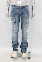 Blue Stack Patchwork raw hem flare boot cut Jeans
