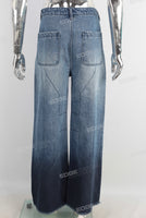 Blue screen print baggy boot cut jeans
