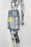 Blue screen print jewel on the patch boot cut shorts