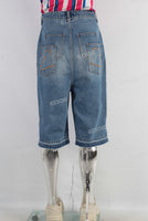 Blue patchwork rhinestome boot cut shorts