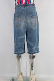 Blue patchwork rhinestome boot cut shorts