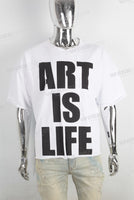 White screen print boot cut t shirt