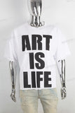 White screen print boot cut t shirt