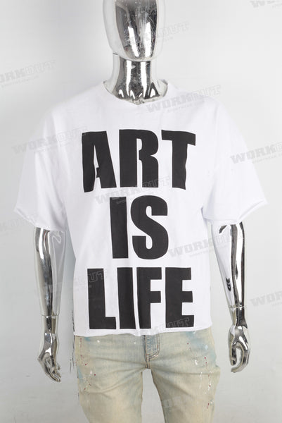 White screen print boot cut t shirt