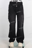 Black doubles layer damaged patchwork jeans