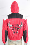 Red embroidered patchwork zip up hoodie