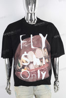 Black digital print raw hem t shirt
