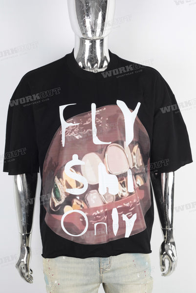 Black digital print raw hem t shirt