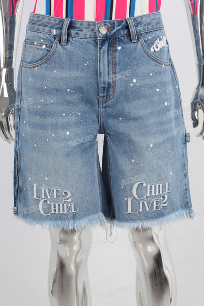 Blue paint splatters embroidered boot cut shorts