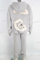 Grey patchwork hooded jacket and pants set