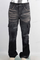Black acid washed cargo stack jeans