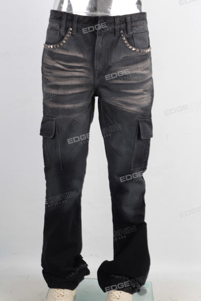 Black acid washed cargo stack jeans