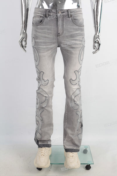 Grey patchwork rhinestone jeans