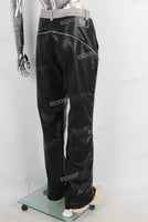 Black leather stitching zipper bell bottom jeans