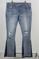 Blue embroidered damaged bell bottom jeans