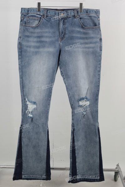 Blue embroidered damaged bell bottom jeans
