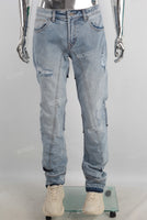 Blue damaged patchwork jeans