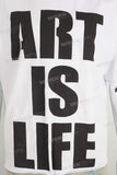 White screen print boot cut t shirt
