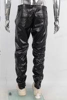 Black leather stitching zipper straight leg jeans