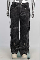 Black vintage wash zipper raw hem baggy men jeans