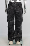 Black vintage wash zipper raw hem baggy men jeans