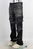 Black acid washed cargo stack jeans