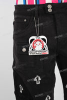 Black embroidered patchwork cargo jeans