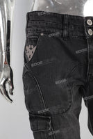 Black acid washed embroidered cargo jeans