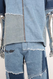 Blue embroidered patchwork short jacket and jeans