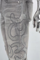 Grey patchwork rhinestone jeans