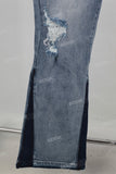 Blue embroidered damaged bell bottom jeans