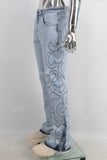 Blue embroidered rhinestones jeans